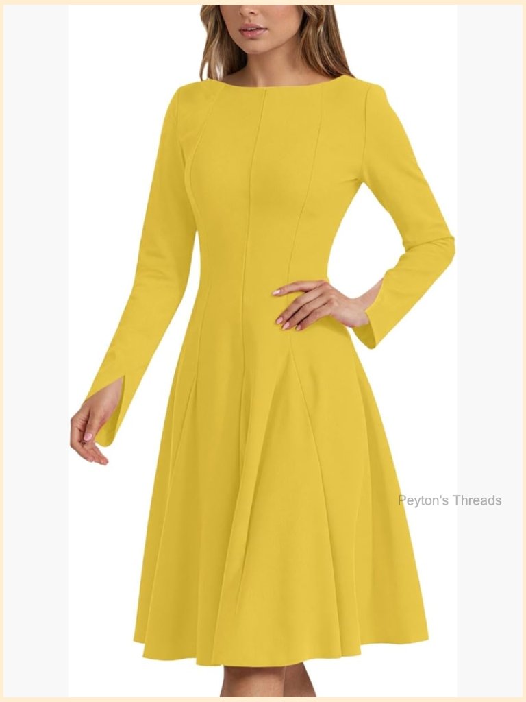 Women Long Sleeve Boat Neck Split Sleeve A-Line Midi Cocktail Dress